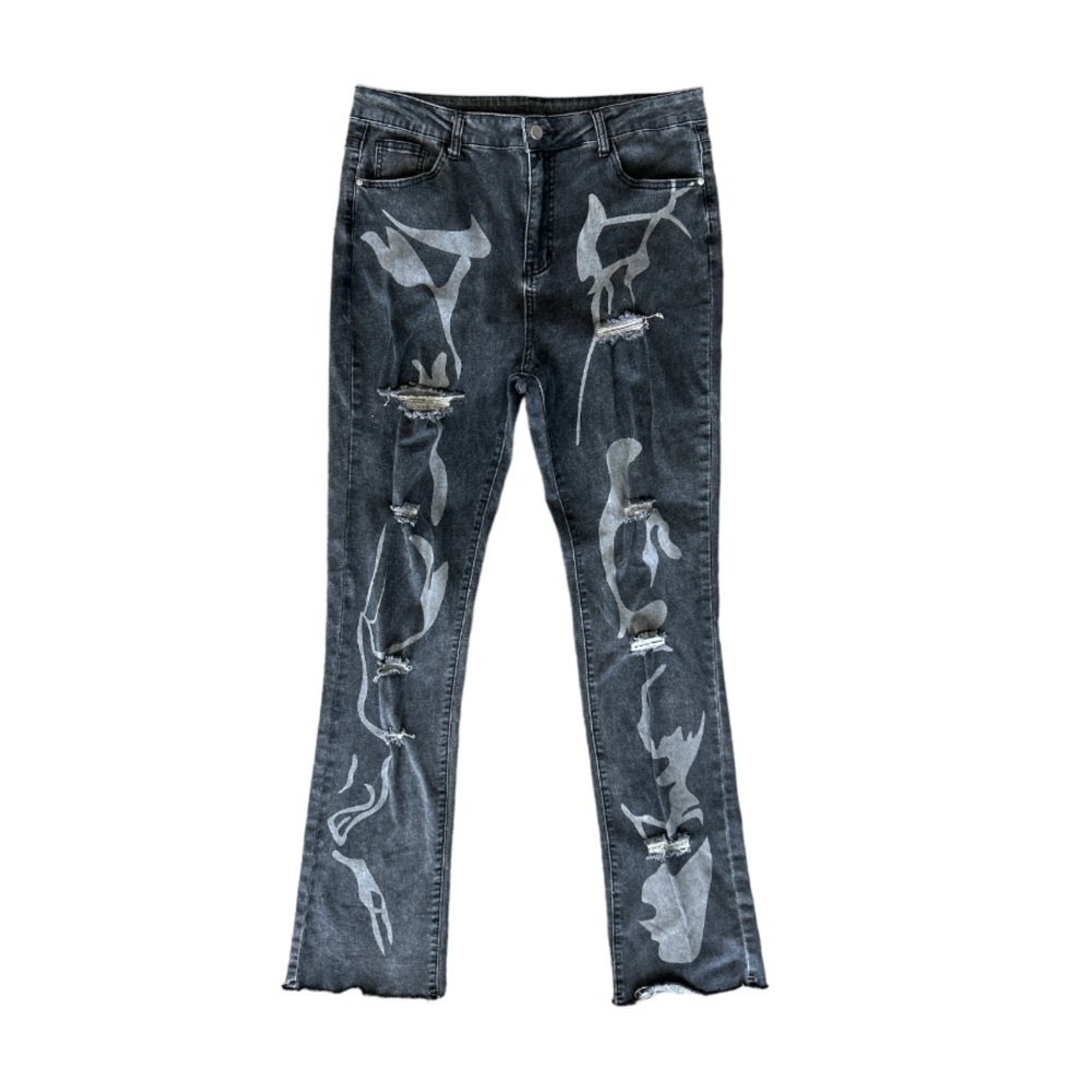 Distressed High Rise Slash Pockets Extra Long Casual Denim Pants